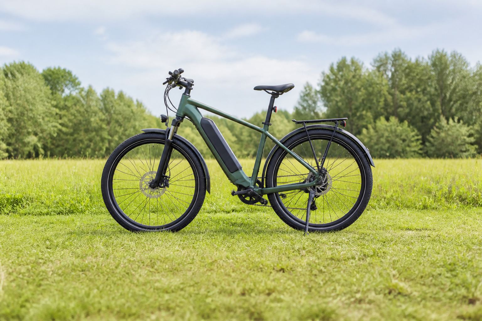 Grünes E-Bike auf einer Wiese