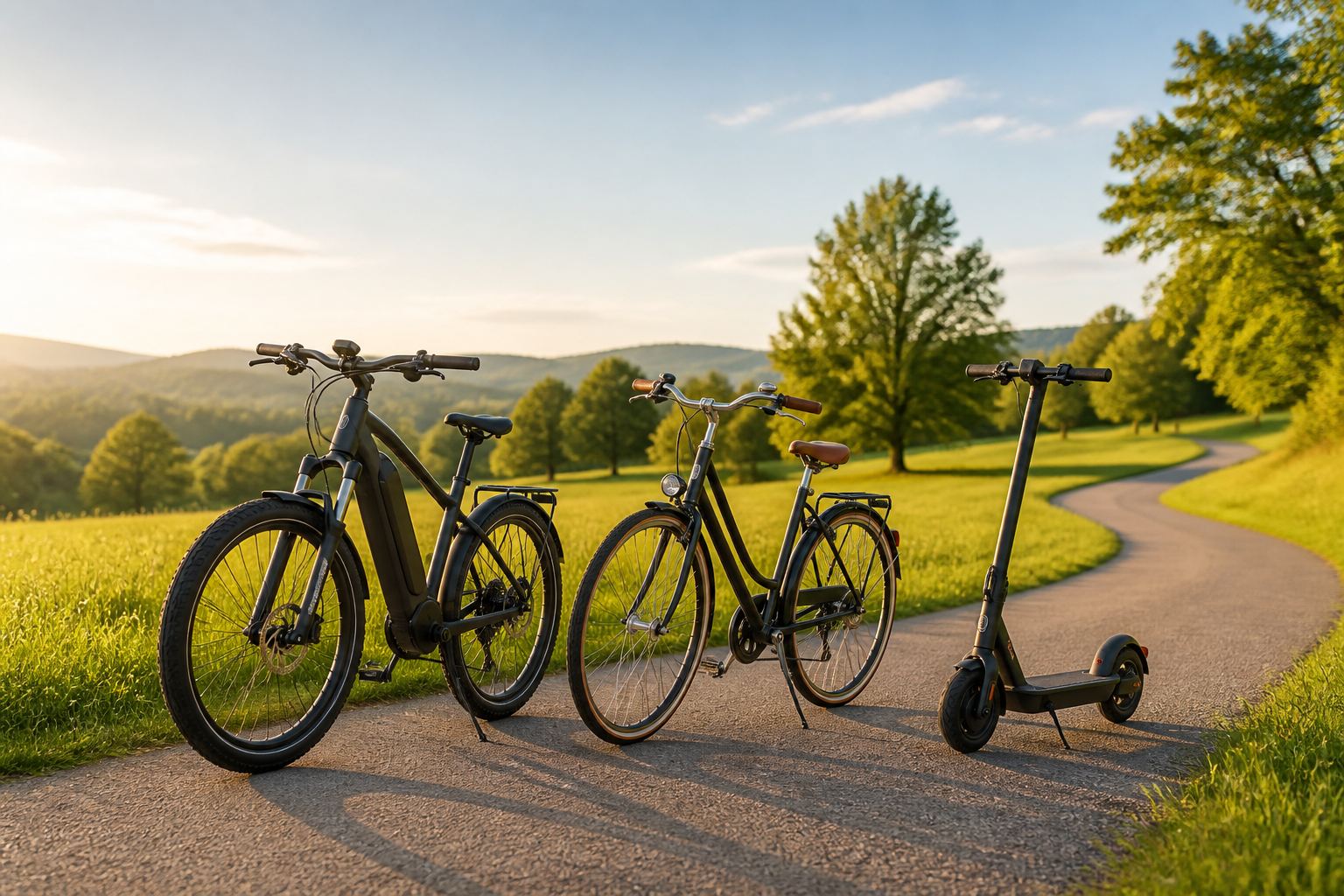E-Bike, Fahrrad und E-Scooter auf einem Weg in der Landschaft